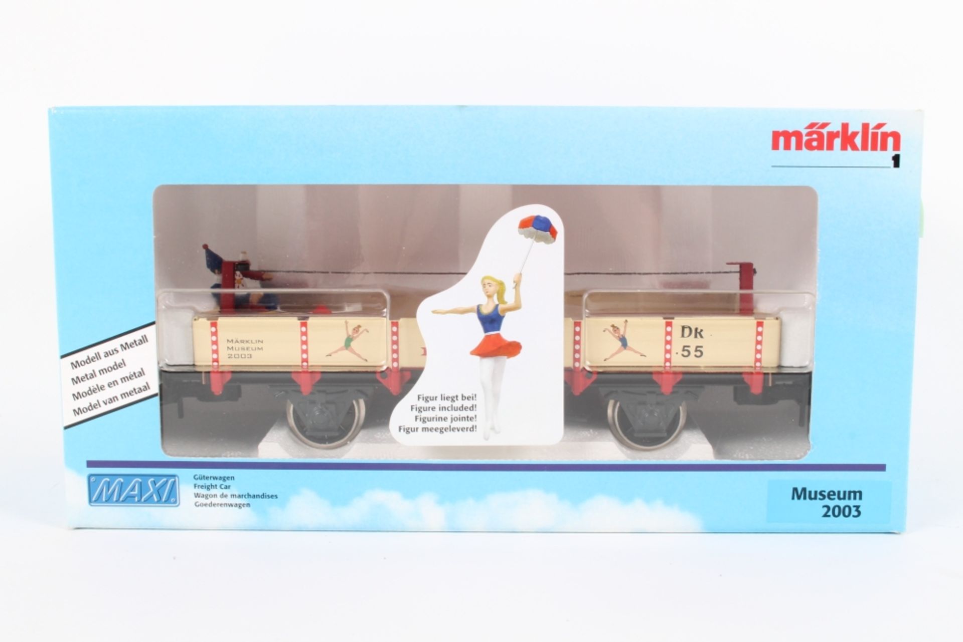 Märklin Museumswagen 2003, MAXI, Niederbordwagen, "CIRCUS MAXIMALE", Figur beiliegend, sehr gut