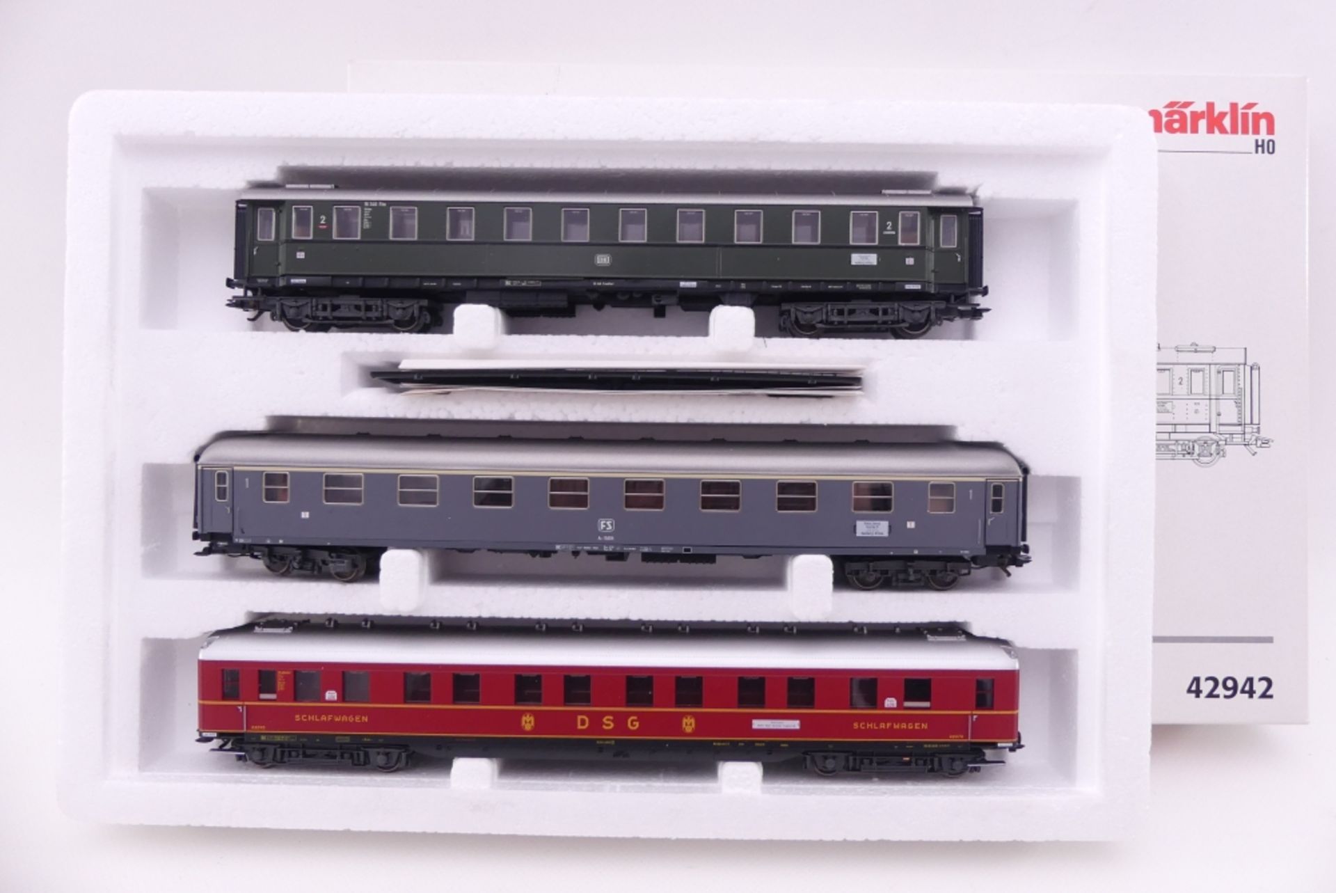 Märklin 42942, Wagen-Set "Riviera Express", drei Schnellzugwagen der DB bzw. FS, sehr gut