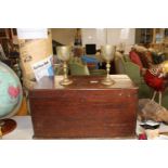 A large oak storage box with lock & two brass goblets H28cm, W52cm, D28cm