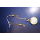 A vintage Ladies silver hallmarked fob watch on a white metal chain