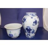 Two antique Chinese blue & white glazed ceramics (vase at fault)