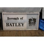 A pre 1974 original Batley Borough road with plaster relief coat of arms sign. (As found) 122cm x