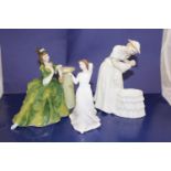 Three Royal Doulton figurines. Mother & baby, with love and secret thoughts.