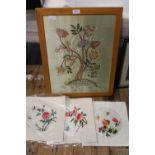 A vintage framed silk work picture and 3 silk work panels.