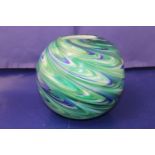 A large green & blue swirl glass Murano style vase approx 20x20cm