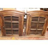 A pair of vintage oak wall haning cabinets, (one cabinet needs glazing) h66, w50cm unable to post