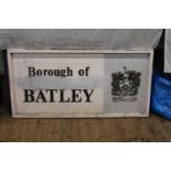 A pre 1974 original Batley Borough road sign with plaster relief coat of arms sign. 122cm x 62cm