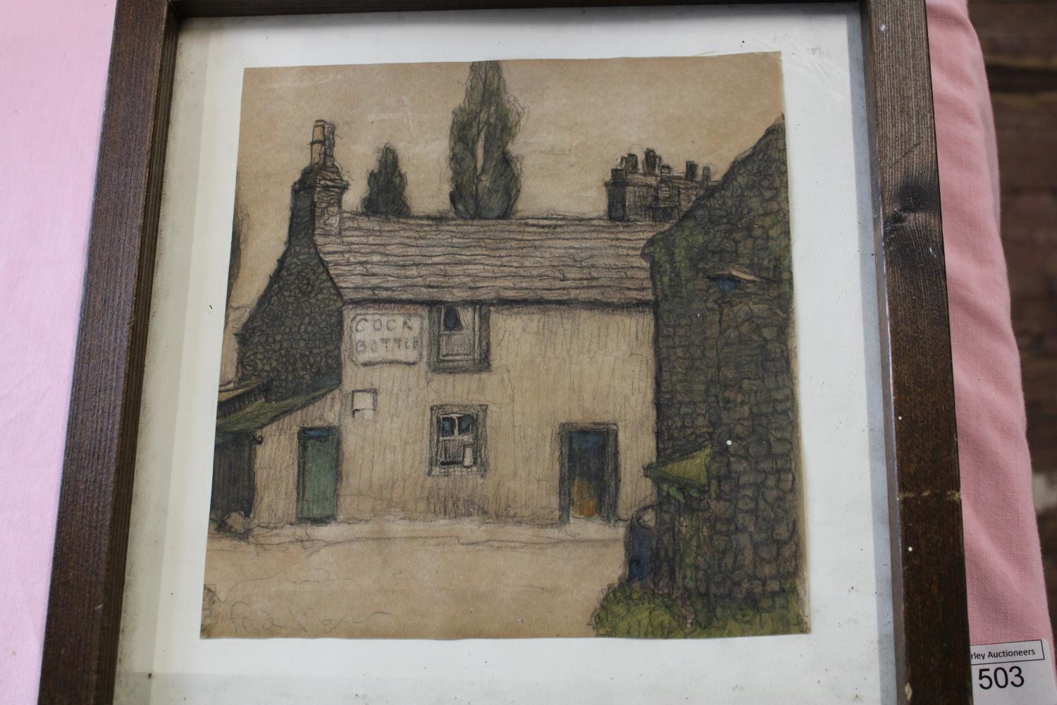 An original Fred Major water colour 'cock Bottle' the village pub 29x29cm