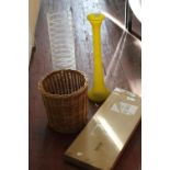 A new kitchen pot & pan rack & glass vases etc clear vase h60 yellow vase h57 unable to post