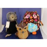 Three novelty owl figures, one as door stop, one plush