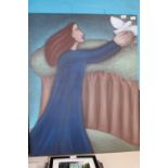 A large original oil on canvas of a Lady with a dove (unsigned) slight damage to canvas 100x80cm