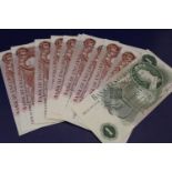 Twelve UNC British Ten Shilling notes in consecutive order (one note has name on) and a UNC One