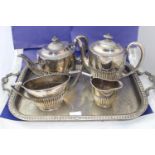 A vintage Walker & Hall silver plated tea service & a silver plated galleried tray