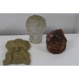 Three assorted collectables including a hollow glass head etc