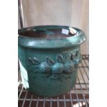 A large green glazed terracotta planter unable to post 24cm tall x 30cm dia