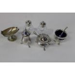 A silver plated condiment set and other plate items