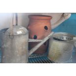 A vintage galvanised watering can, bucket & terracotta chimney pot unable to post