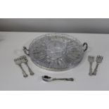 A silver plated & glass Hors d' oeuvres dish and forks