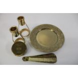 A selection of vintage brass ware including a pot from Maxim's Paris