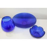 A selection of vintage blue glass ware Large bowl d37cm Vase h28cm