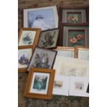A box of assorted framed artwork unable to post