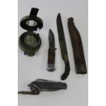 Misc lot to include, 1941 dated compass, WW2 clamp knife, with name inscribed, small sheath knfe & a