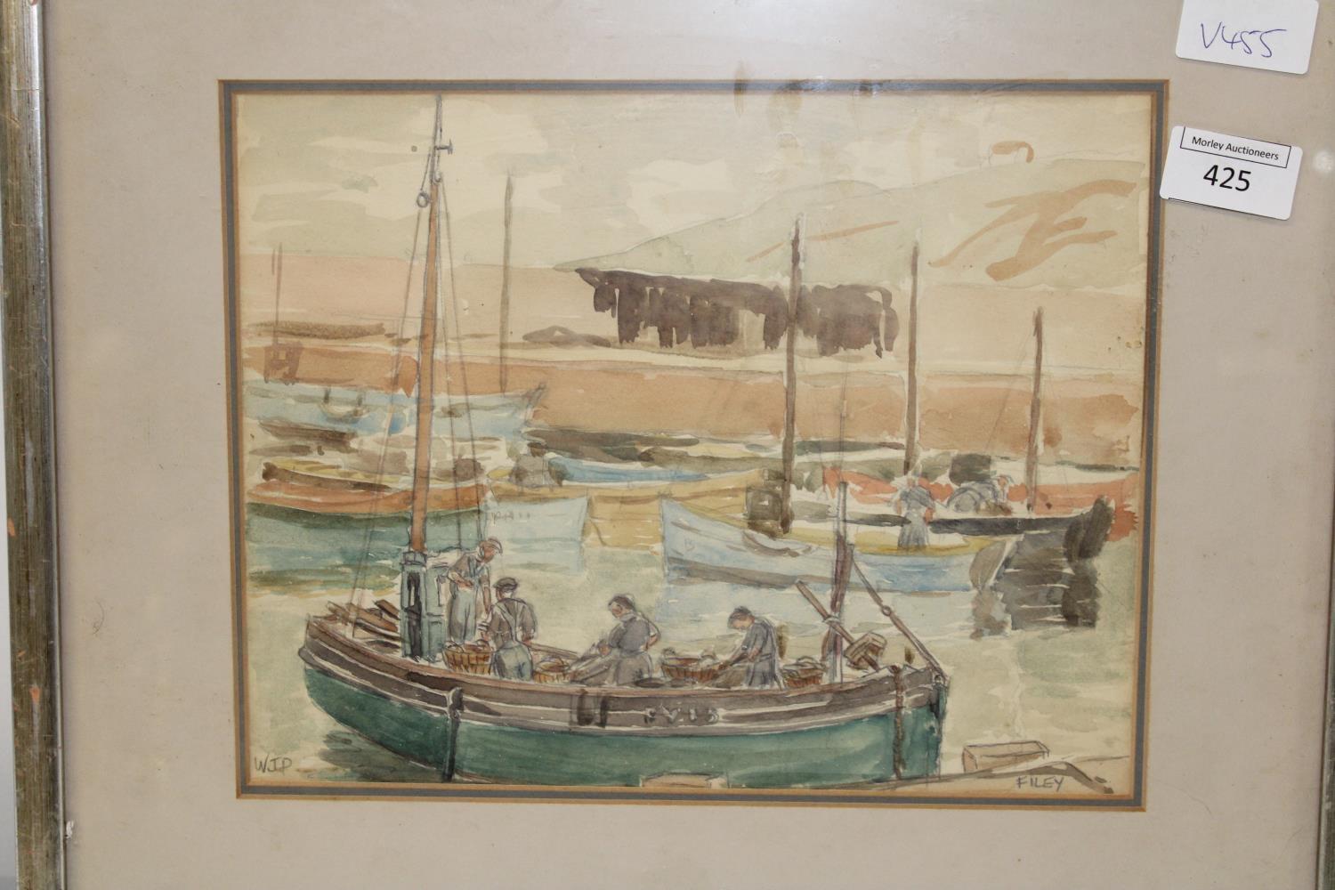 A framed water colour of Filey signed WJP with frame 41cm x 35cm