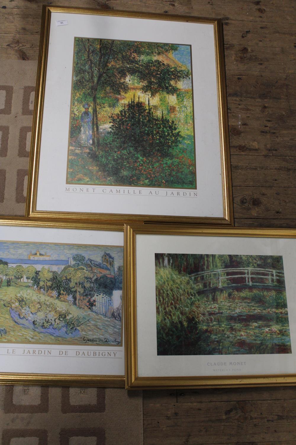 Two framed Monet prints & a framed Van Gogh print (largest h77, w61cm) unable to post