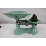 A set of vintage enamelled scales & weights