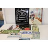 A box of vintage style tin plate signs & other