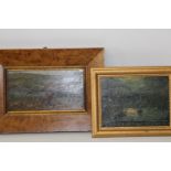 Two 19th century framed original oil on board pictures, Whitby bay by moonlight & a hunting scene