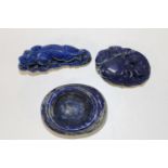 A Chinese lapis brush washer & two carved dragon figures