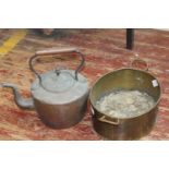 A vintage copper kettle & brass pan