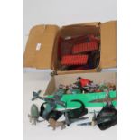 A box of assorted models & figures, Meccano etc