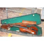 A cased violin with bow & music stand (As found)