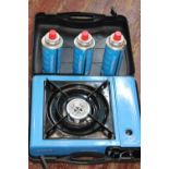 A camping gas stove with spare cannisters