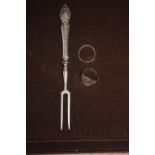 A silver handled toasting fork & two other silver items