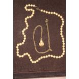 A 10ct gold pendant on a gold plated chain & set of vintage cultured pearls