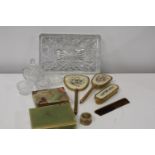 A vintage glass dressing table set and other items