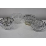 Four cut glass rose petal bowls