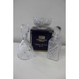 A new boxed Thomas Webb fruit bowl & two cut glass decanters (square decanter has chip to rim)