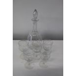 A vintage quality etched glass decanter & five glasses