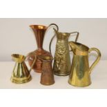 A selection of vintage brass & copper jugs
