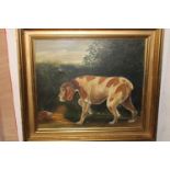 An oil on canvas of a dog & hedgehog. Signed L Parkin (some damage) 67x70cm Collection Only
