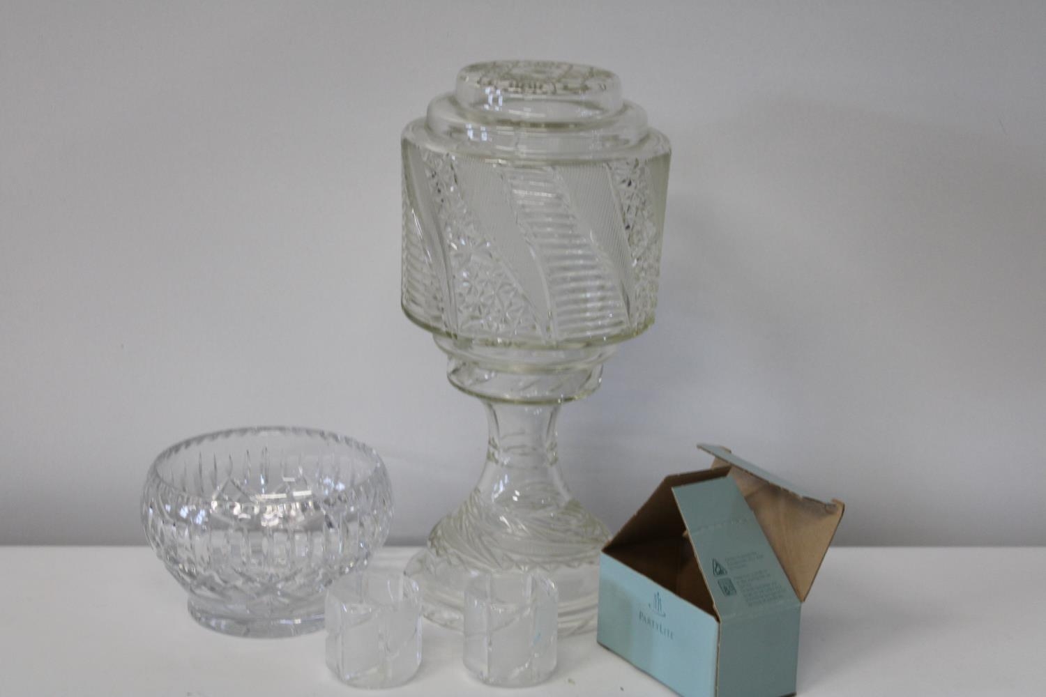 A Hurricane style glass lamp & other glass items (lamp has chips to the base)