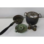 A selection of collectables including cast iron glue pot & chamber stick