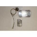 A one ounce silver ingot, silver pendant & vintage silver cheroot holder (tests for silver)