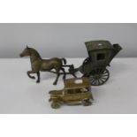 A large brass horse & carriage & car