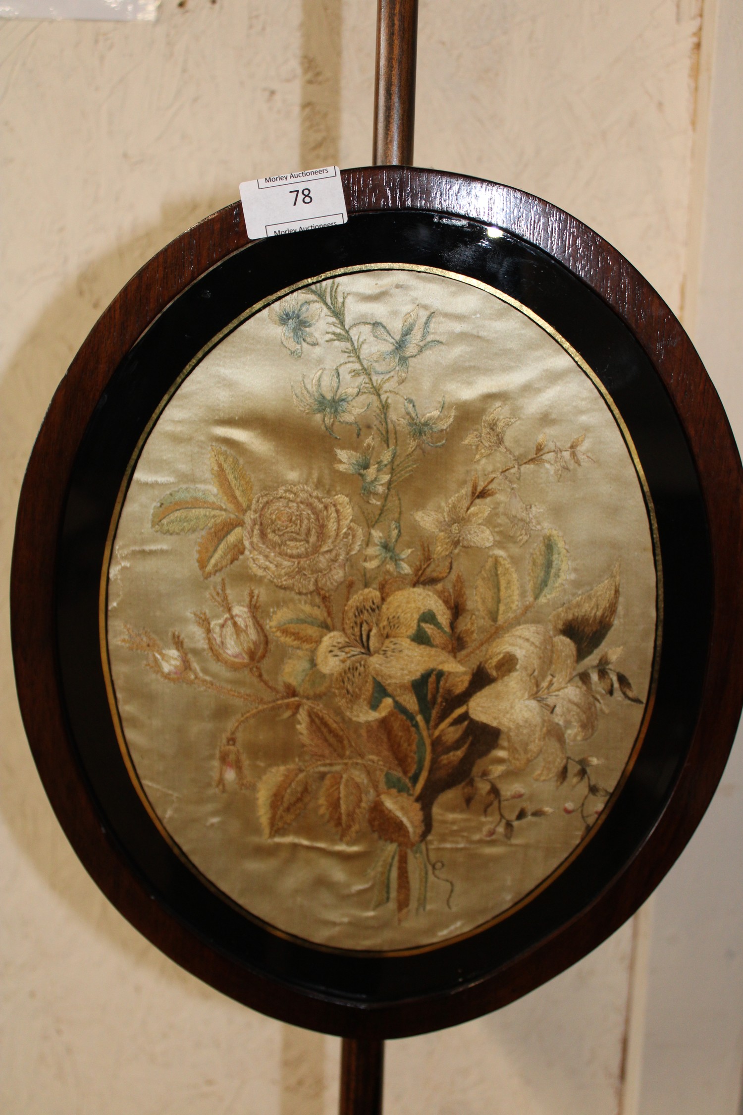 A antique William 1V pole screen with an earlier quality silk work panel h160cm Collection Only - Image 3 of 3