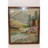 A vintage wool work framed landscape picture 56x45cm